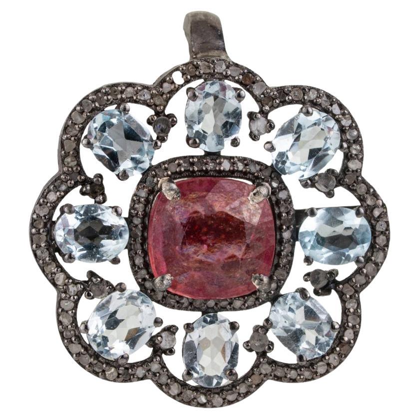 Silvorra Antique-Style Rubin Silber Anhänger in Halo Blue Topaz & Diamanten Schmuck