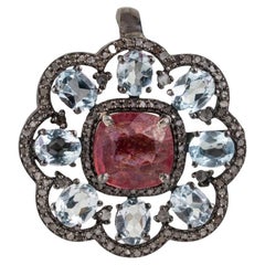 Silvorra Antique-Style Ruby Silver Pendant in Halo Blue Topaz & Diamonds Jewelry