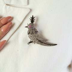 Silvorra Antique Style Sterling Silver Bird Brooch Pendant with Ruby & Diamonds