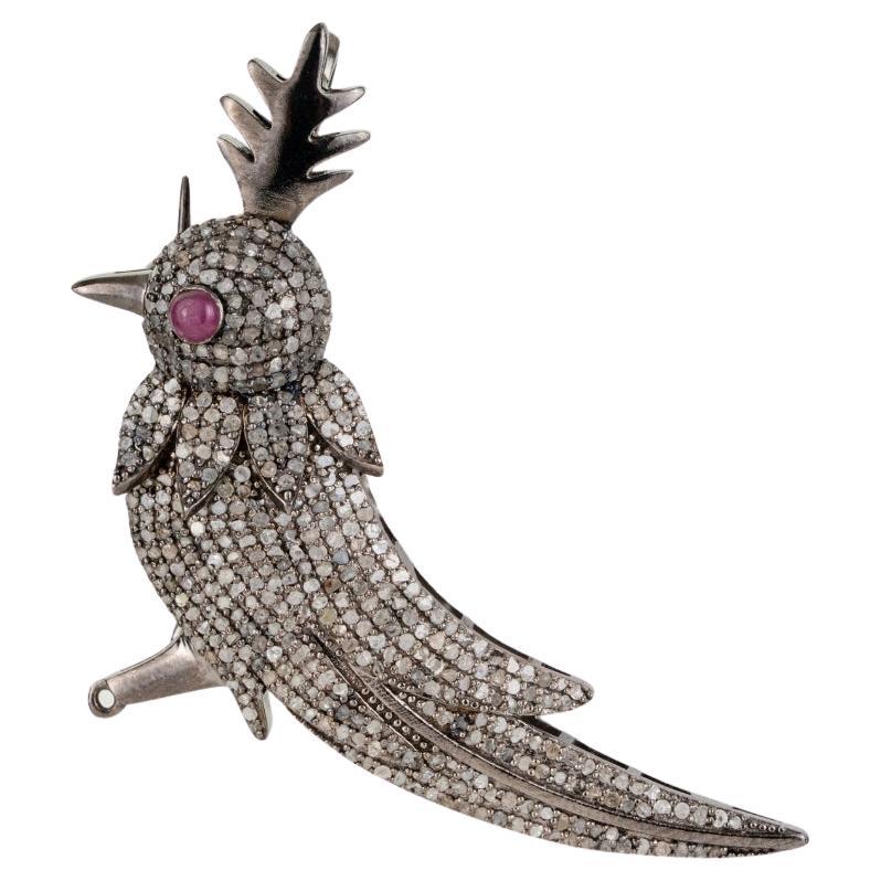Silvorra Antique Style Sterling Silber Vogel Brosche Anhänger mit Rubin & Diamanten