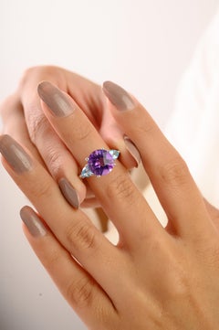 Anello a tre pietre con ametista e topazio blu da 3,9 carati in argento 925 di Silvorra Art Déco