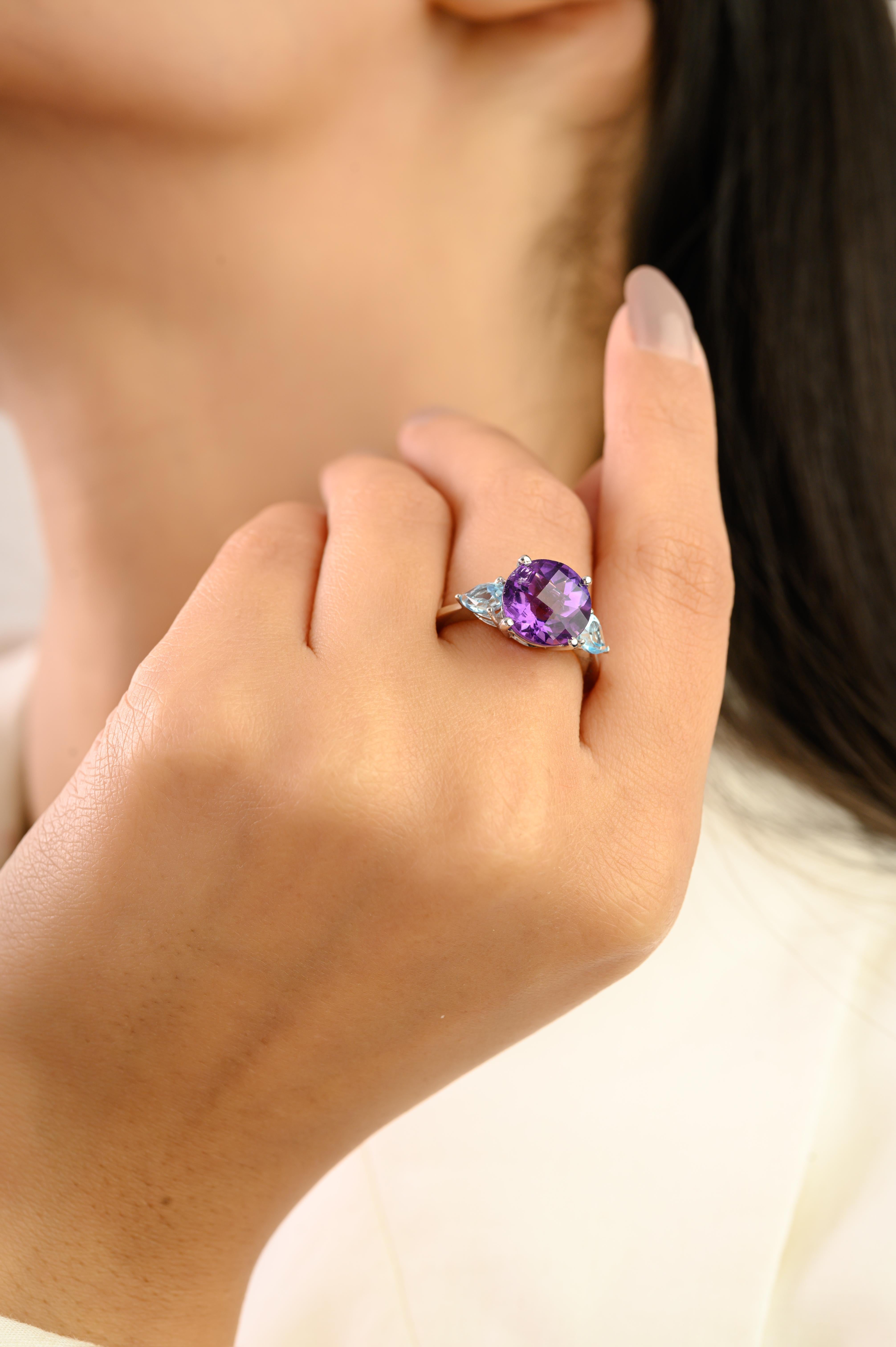 in vendita:  Silvorra Art Deco 3.9 Ct Amethyst & Blue Topaz Three-Stone Ring in 925 Silver 4