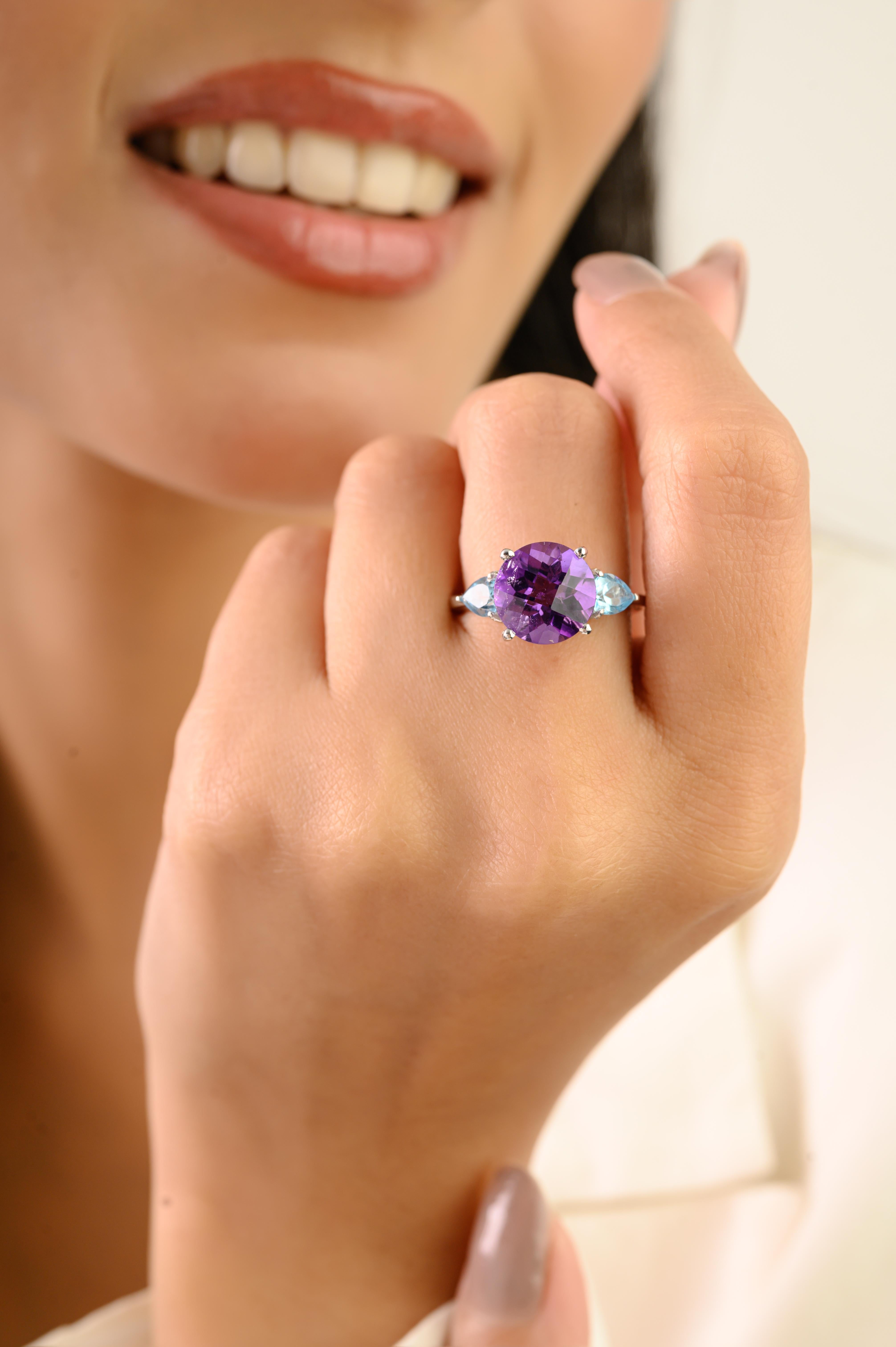 in vendita:  Silvorra Art Deco 3.9 Ct Amethyst & Blue Topaz Three-Stone Ring in 925 Silver 8