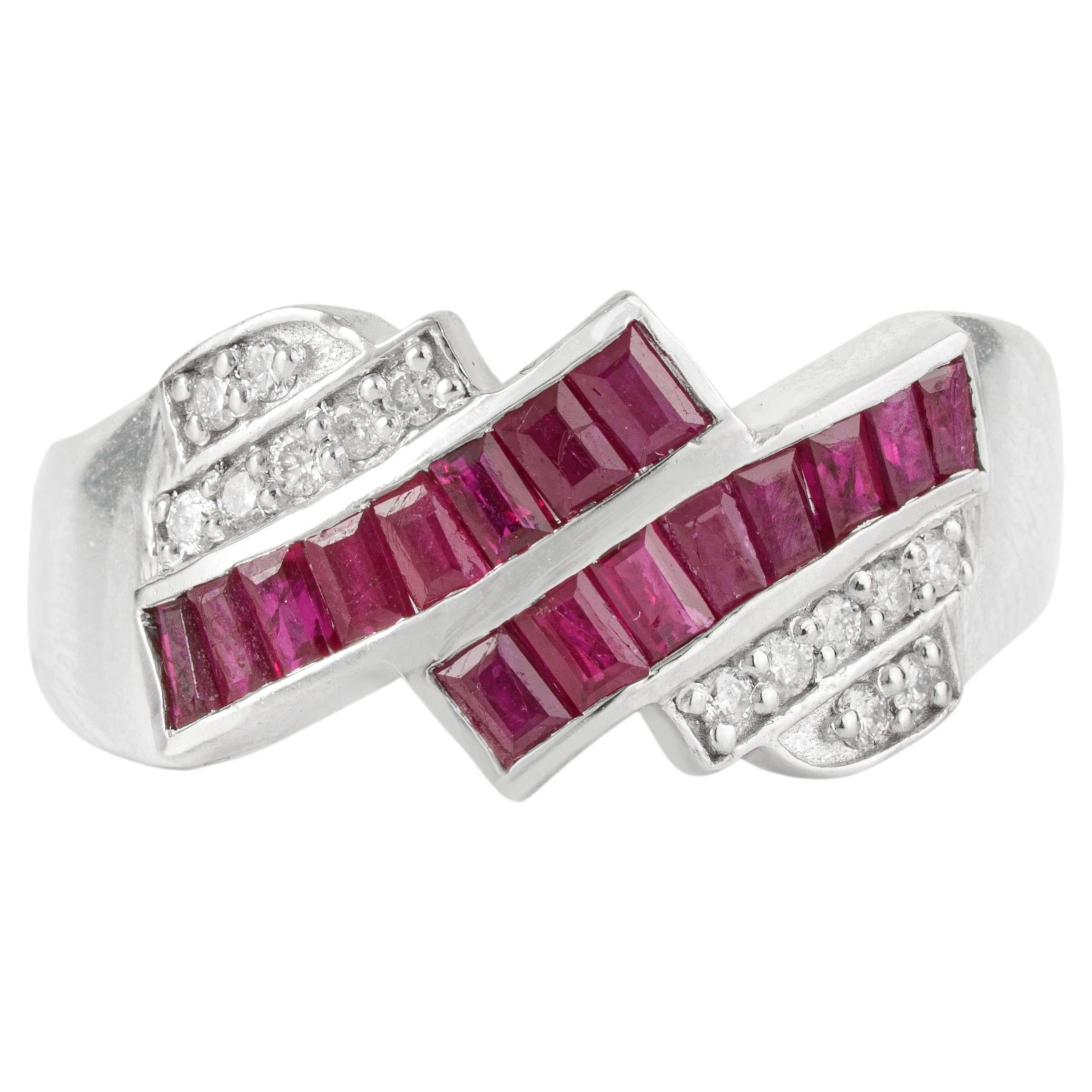 Silvorra Art Deco Baguette Ruby and Diamond Geometric Ring in 925 Silver