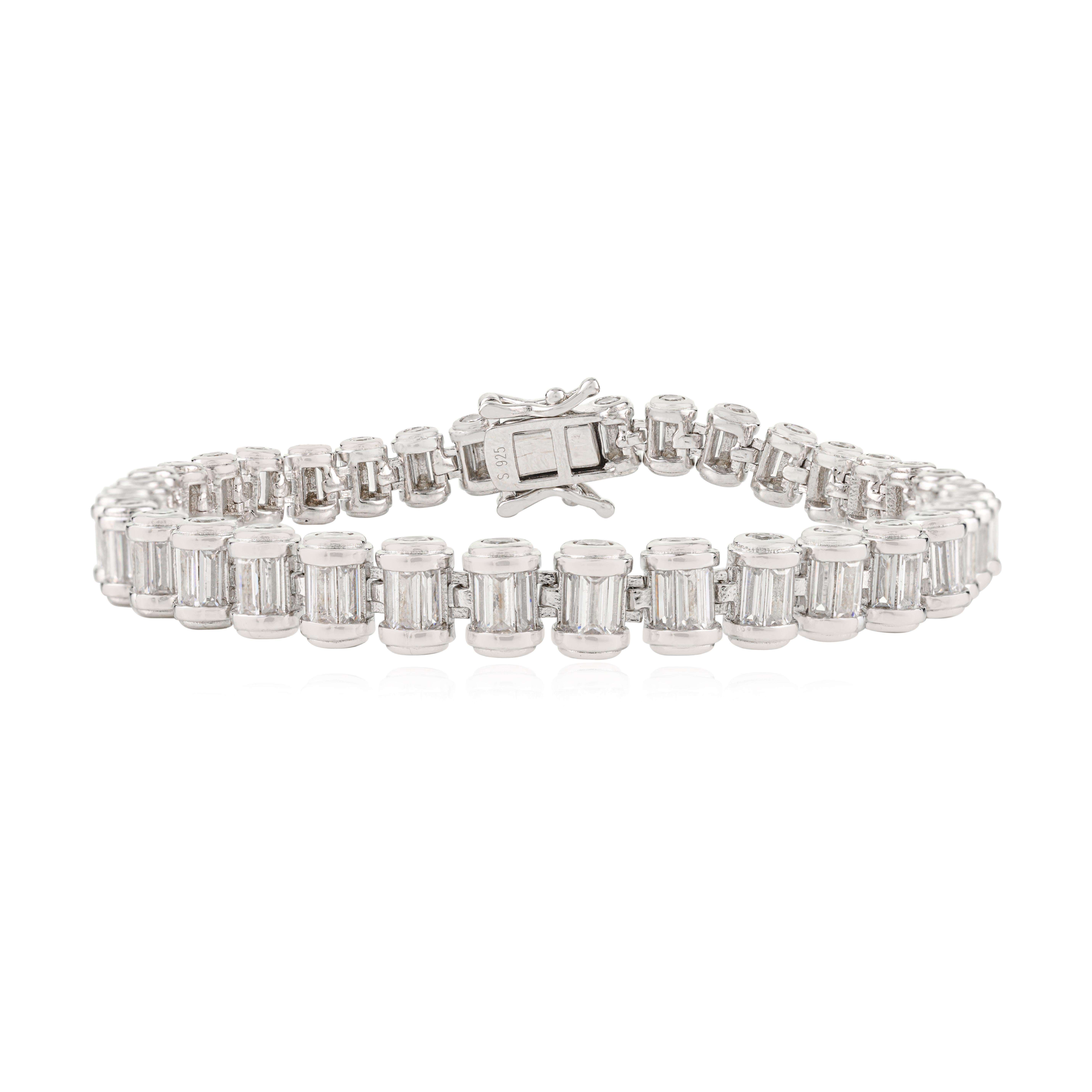 Silvorra Art Decó Circonita talla baguette de plata de ley 925 Brazalete de tenis en venta 2