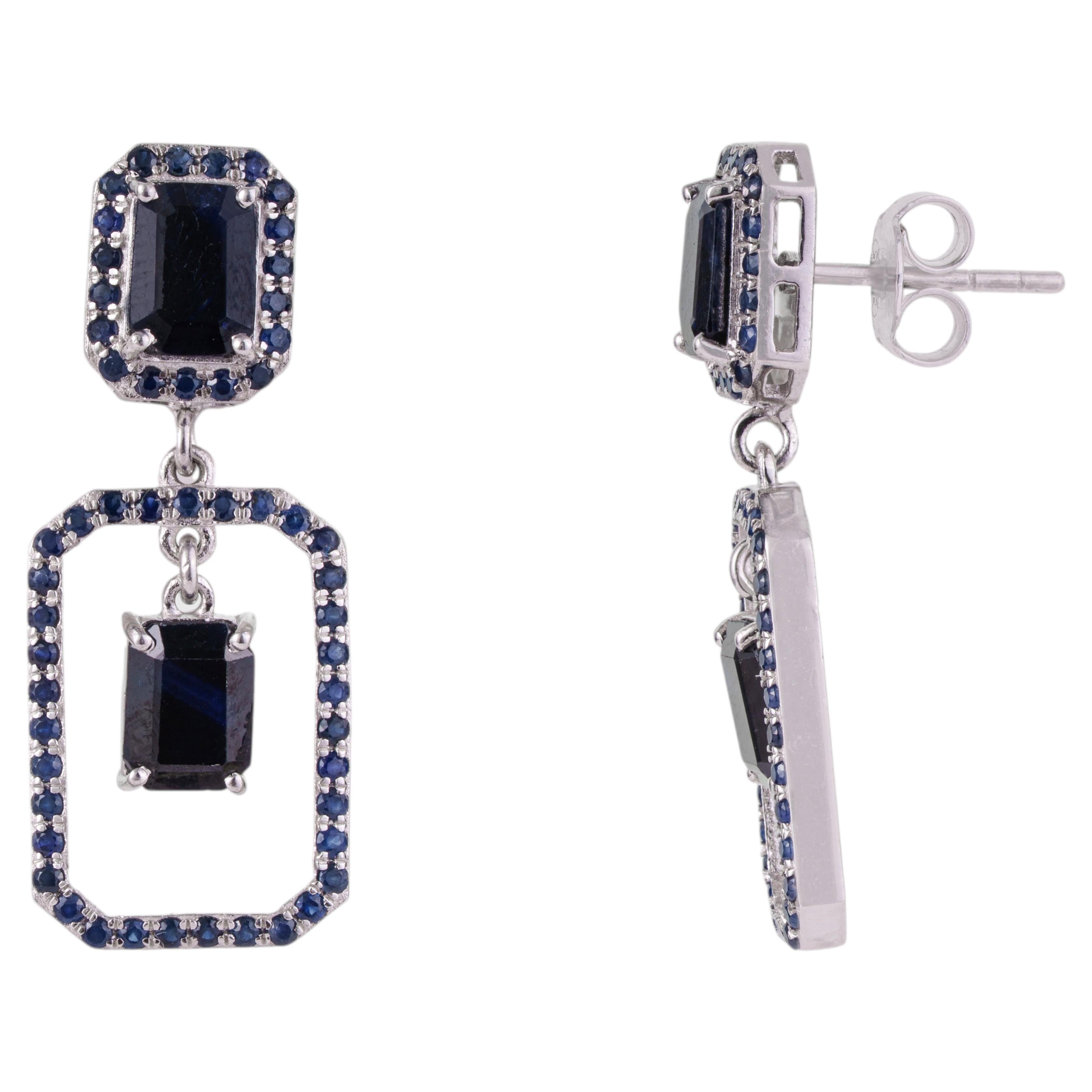 Silvorra Art Deco Blue Sapphire September Birthstone 925 Silver Dangle Earrings
