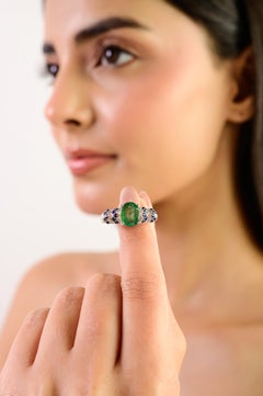 Silvorra Art Deco Emerald Center Silver Ring with Blue Sapphire Scalloped Band