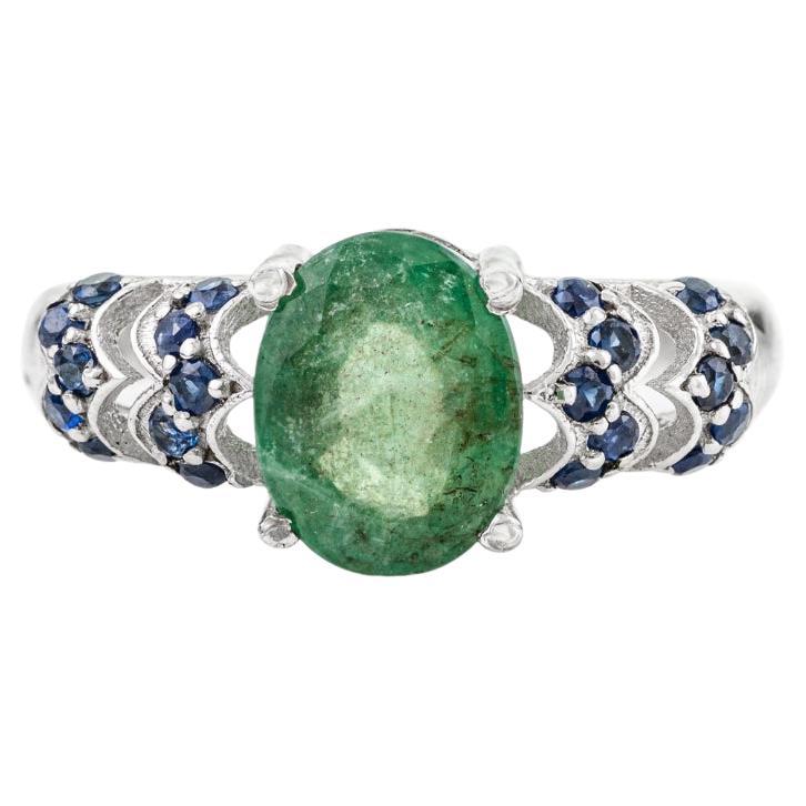 For Sale:  Silvorra Art Deco Emerald Center Silver Ring with Blue Sapphire Scalloped Band