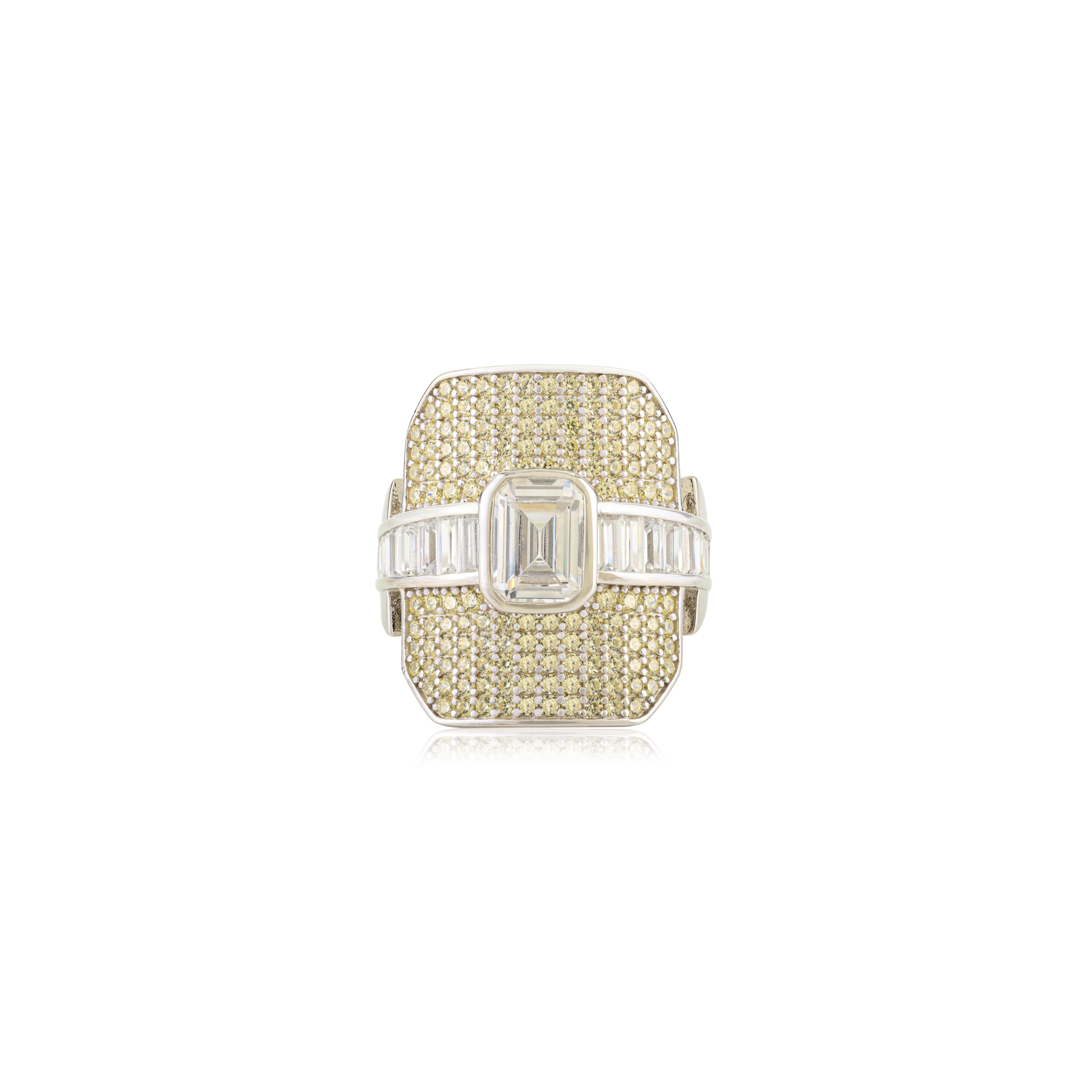 En vente :  Silvorra Art Deco Emerald Cut Cubic Zirconia Cocktail Ring 925 Sterling Silver 2