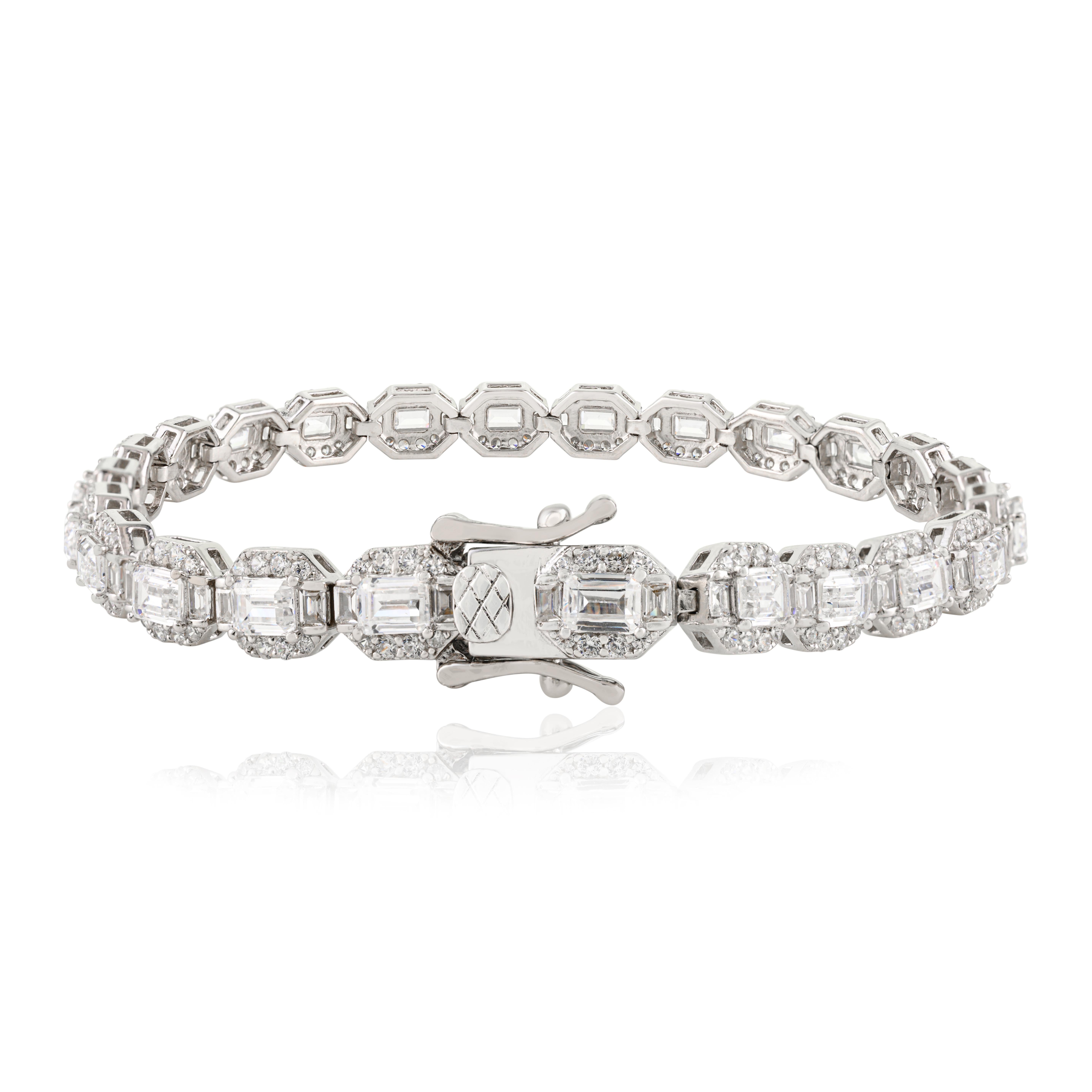 Art déco Silvorra Art Deco Cubic Zirconia White Faceted Tennis Bracelet en argent 925 en vente