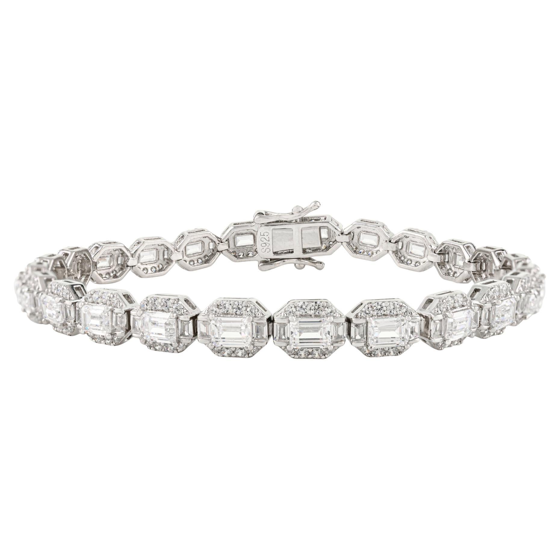 Bracciale Tennis Silvorra Art Deco con Cubic Zirconia Bianca Sfaccettata in Argento 925