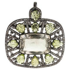 Silvorra Art Deco Green Amethyst & Diamond Statement Pendant in Carved Peridot