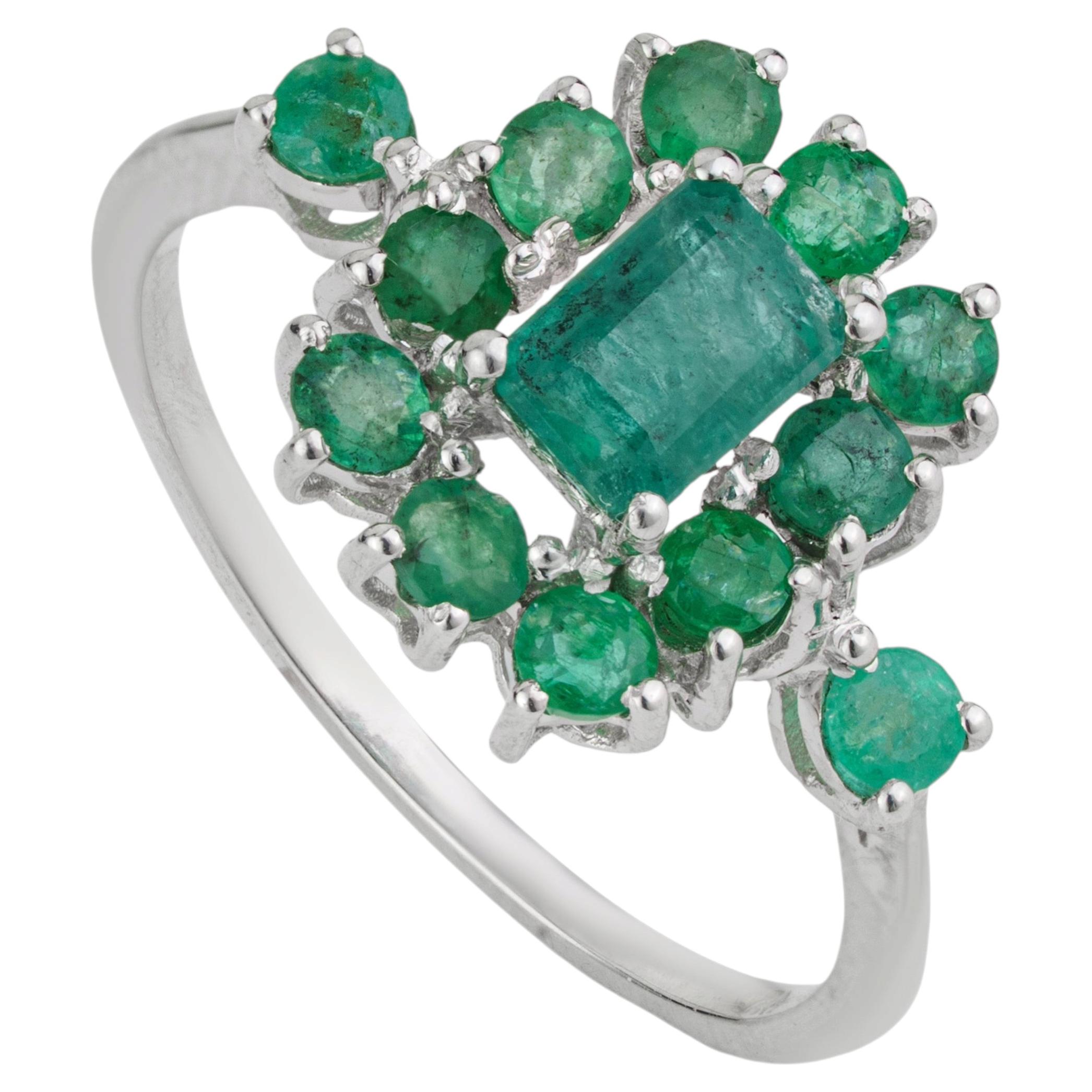Silvorra Art Deco Inspired 1.58ct Emerald Cluster Ring in 925 Sterling Silver