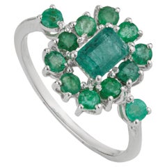 Silvorra Art Deco Inspired 1.58ct Emerald and Diamond Cluster Ring in 925 Silver