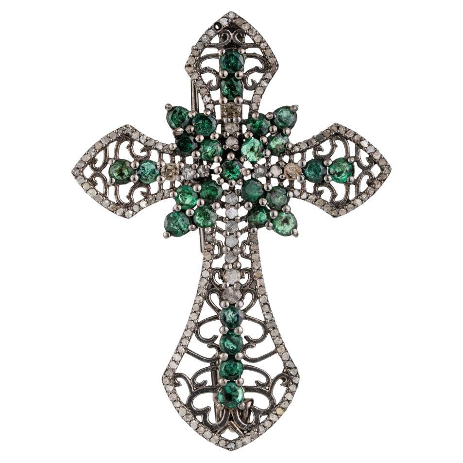 Silvorra Art Deco Inspired Emerald Diamond Cross Brooch Cum Pendant Gift for Him