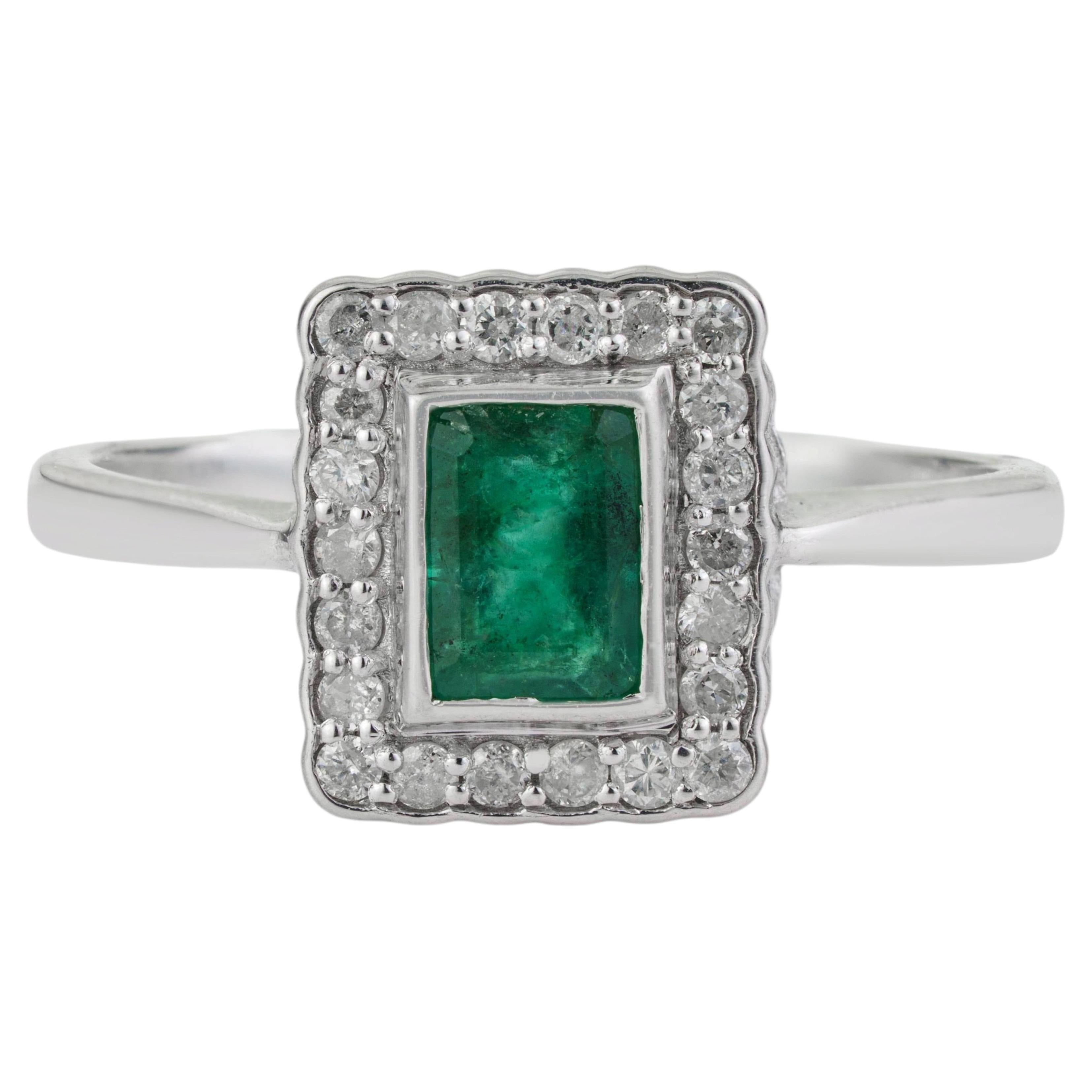 Silvorra Art Deco Inspired Emerald & Diamond Halo Engagement Ring in 925 Silver
