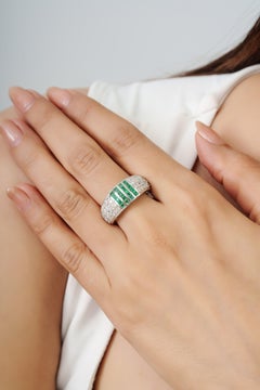 Silvorra Art Deco Inspired Emerald Stripe & Diamond Pavé Dome Ring in 925 Silver