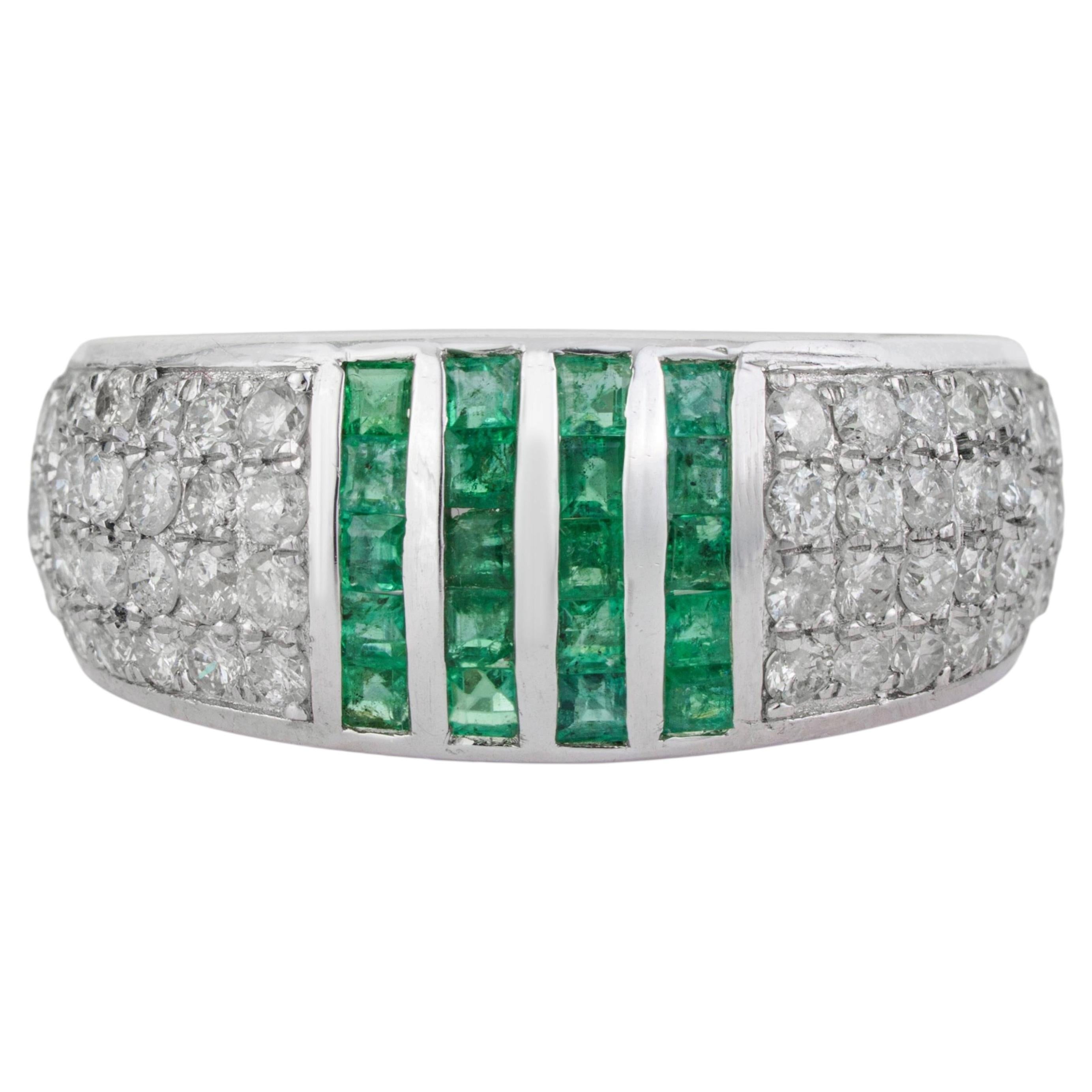 Silvorra Art Deco Inspired Emerald Stripe & Diamond Pavé Dome Ring in 925 Silver