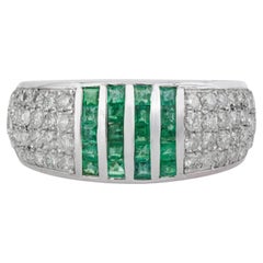 Silvorra Art Deco Inspired Emerald Stripe & Diamond Pavé Dome Ring in 925 Silver