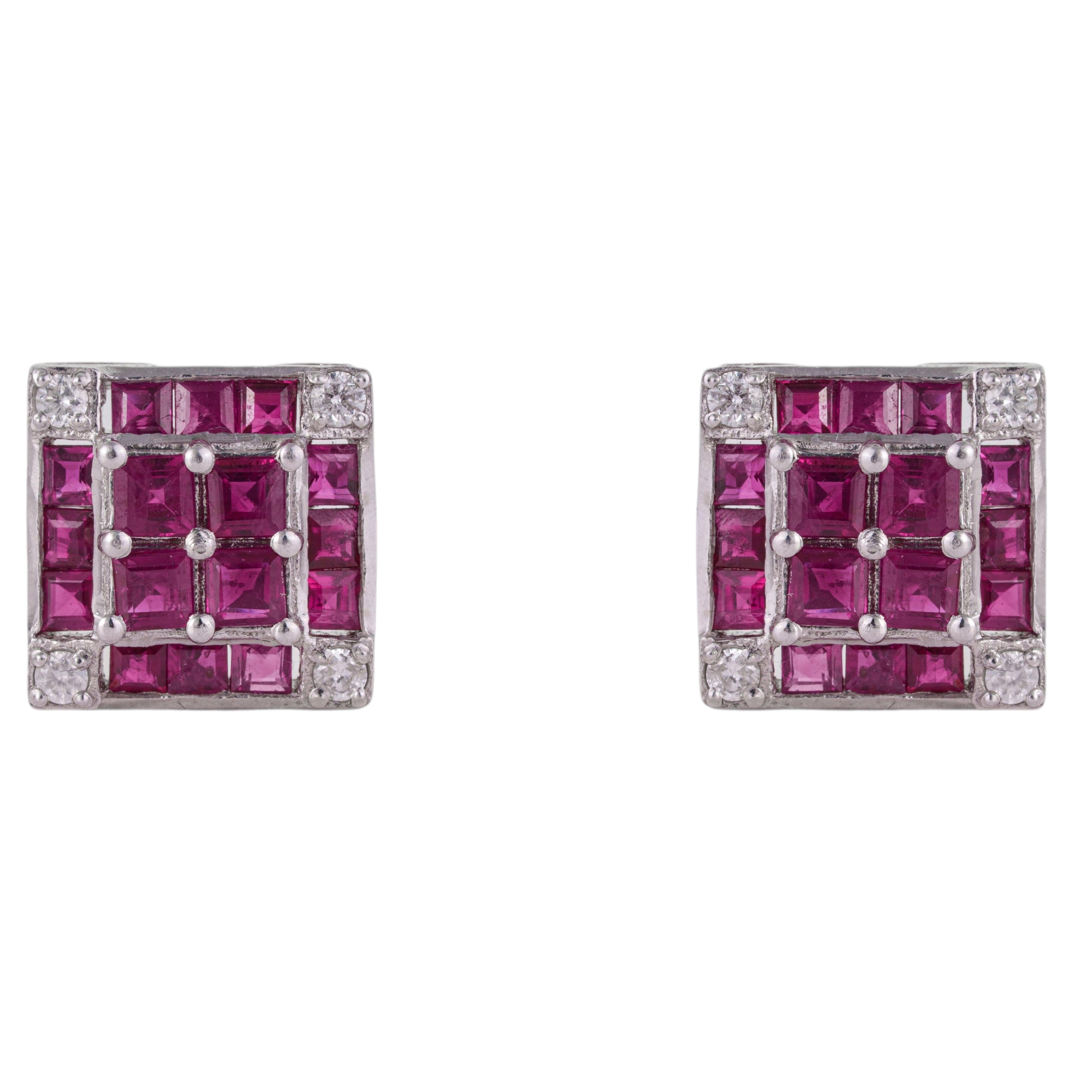Orecchini a bottone Silvorra in argento sterling con rubino naturale e diamanti, ispirati allo stile Art Déco