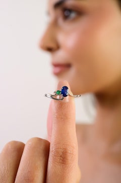 Silvorra Art-Deco Saphir & Smaragd Toi et Moi Bypass Wave Silber Ring für Geschenk