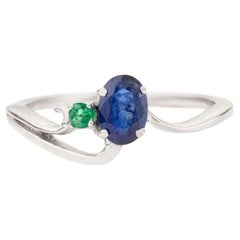 Silvorra Art-Deco Sapphire 
Emerald Toi et Moi Bypass Wave Silver Ring for Gift