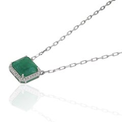 Silvorra Art Deco Style Emerald Diamond Halo 925 Silver Paperclip Chain Pendant