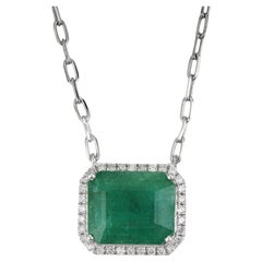 Silvorra Art Deco Style Emerald Diamond Halo 925 Silver Paperclip Chain Pendant