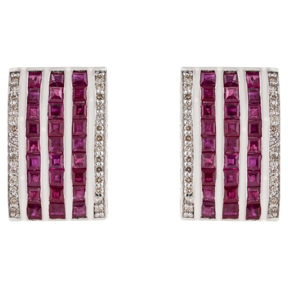 Silvorra Art Deco Style Multi-Row Square Ruby Diamond Panel Silver Stud Earrings