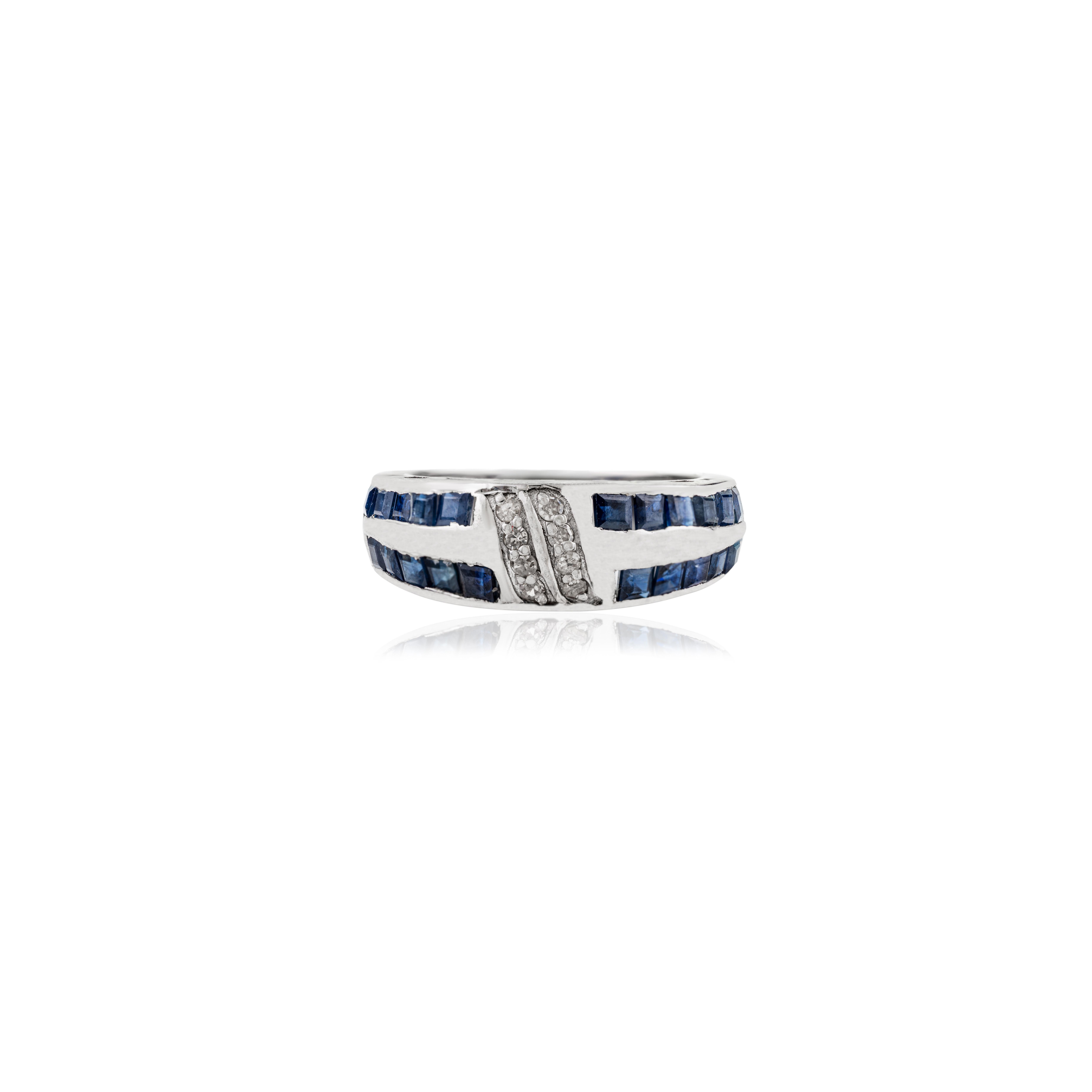 En vente :  Bague en argent 925 de Silvorra, style Art déco, saphir bleu foncé naturel et diamant 9