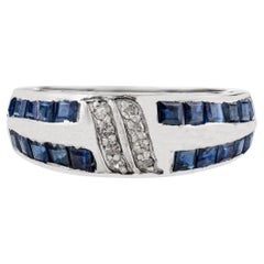 Silvorra Art Deco Style Natural Deep Blue Sapphire 
Diamond 925 Silver Ring