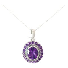 Silvorra Art Deco Style Oval Shape 5.06Ct Natural Amethyst Pendant in 925 Silver
