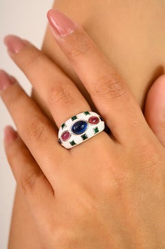 Silvorra Art Deco Stil Weiß emailliert Kuppel Silber Ring mit Multicolor Steinen