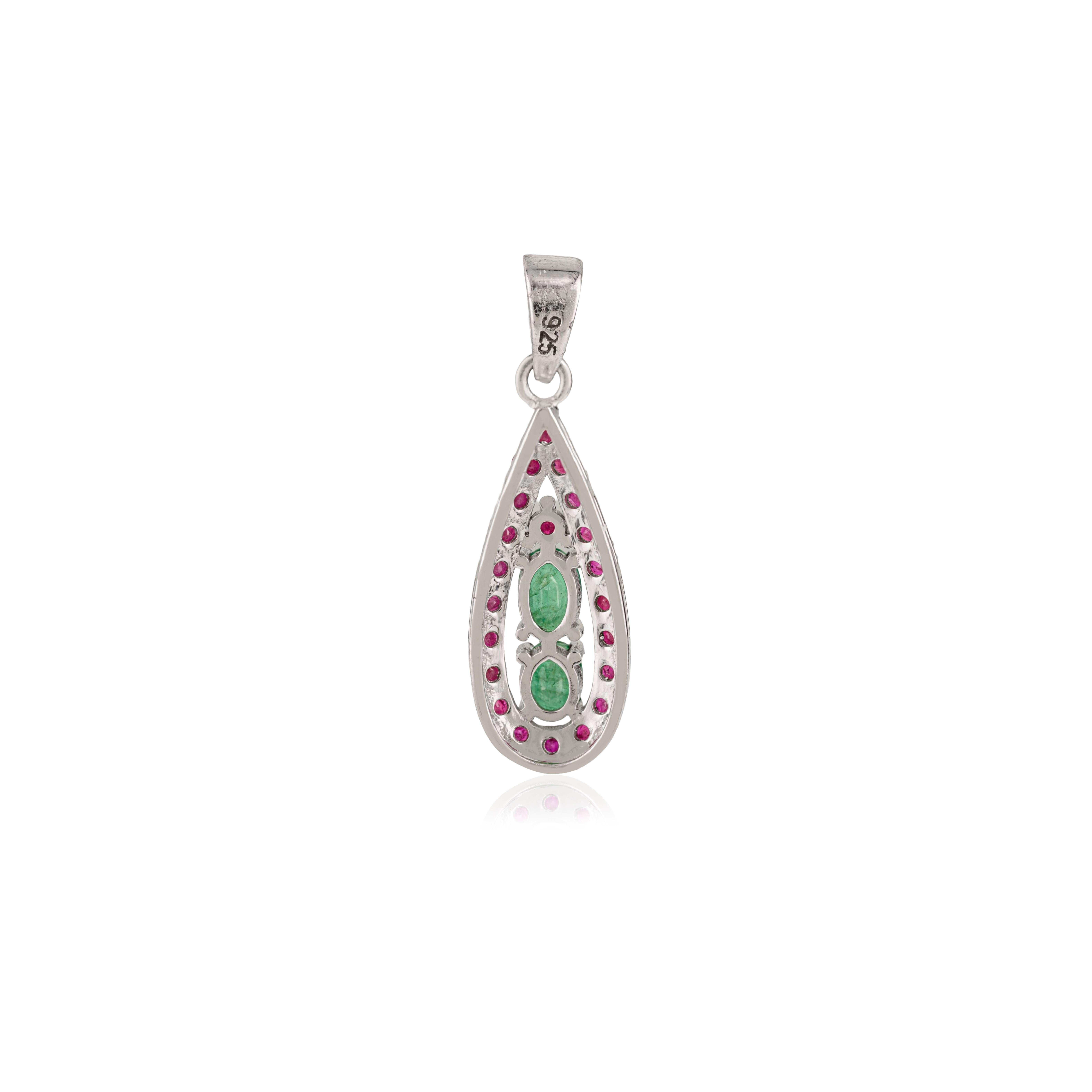 Mixed Cut Silvorra Art Deco Teardrop Pendant with Natural Ruby and Emerald in 925 Silver For Sale