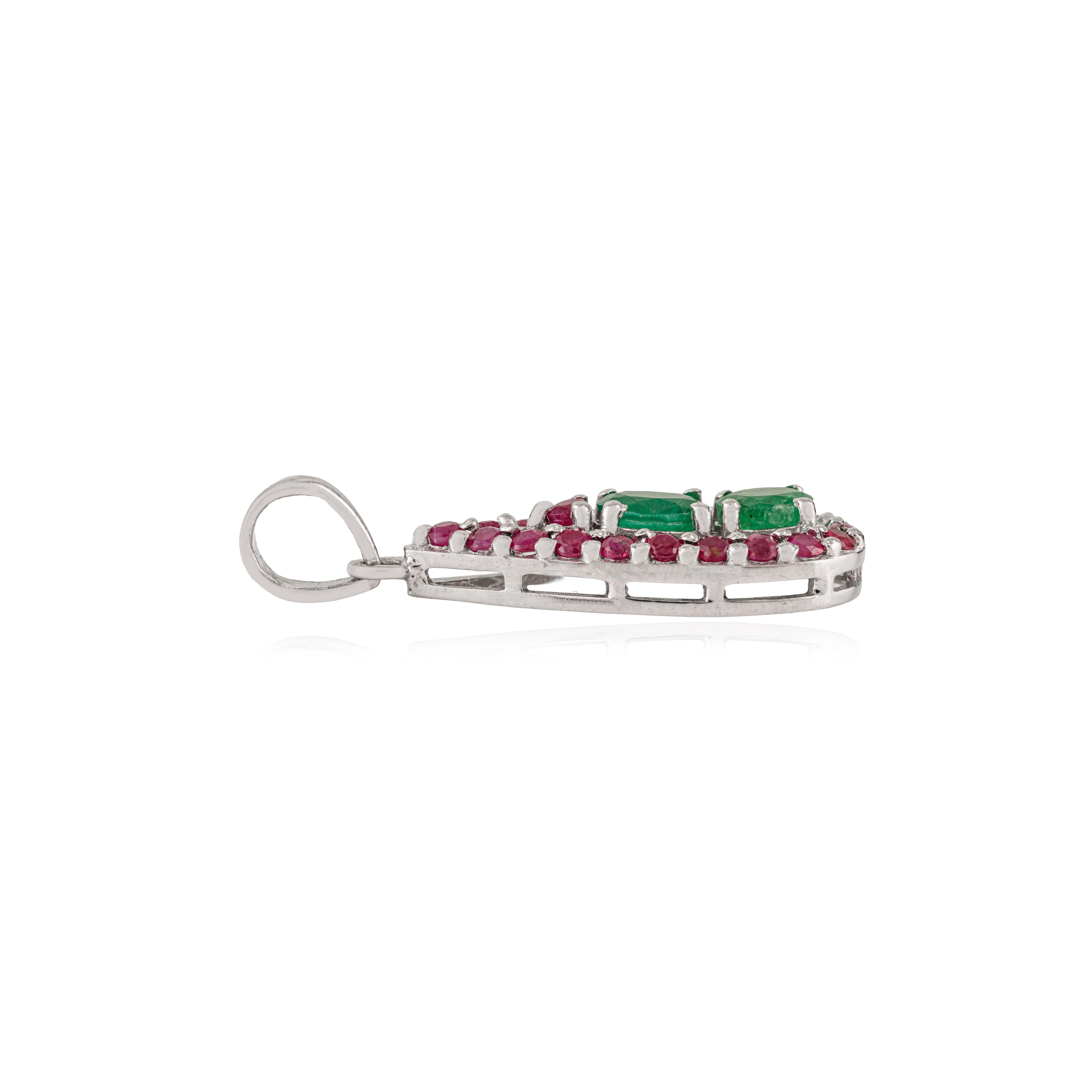 Silvorra Art Deco Teardrop Pendant with Natural Ruby and Emerald in 925 Silver In New Condition For Sale In New York, NY