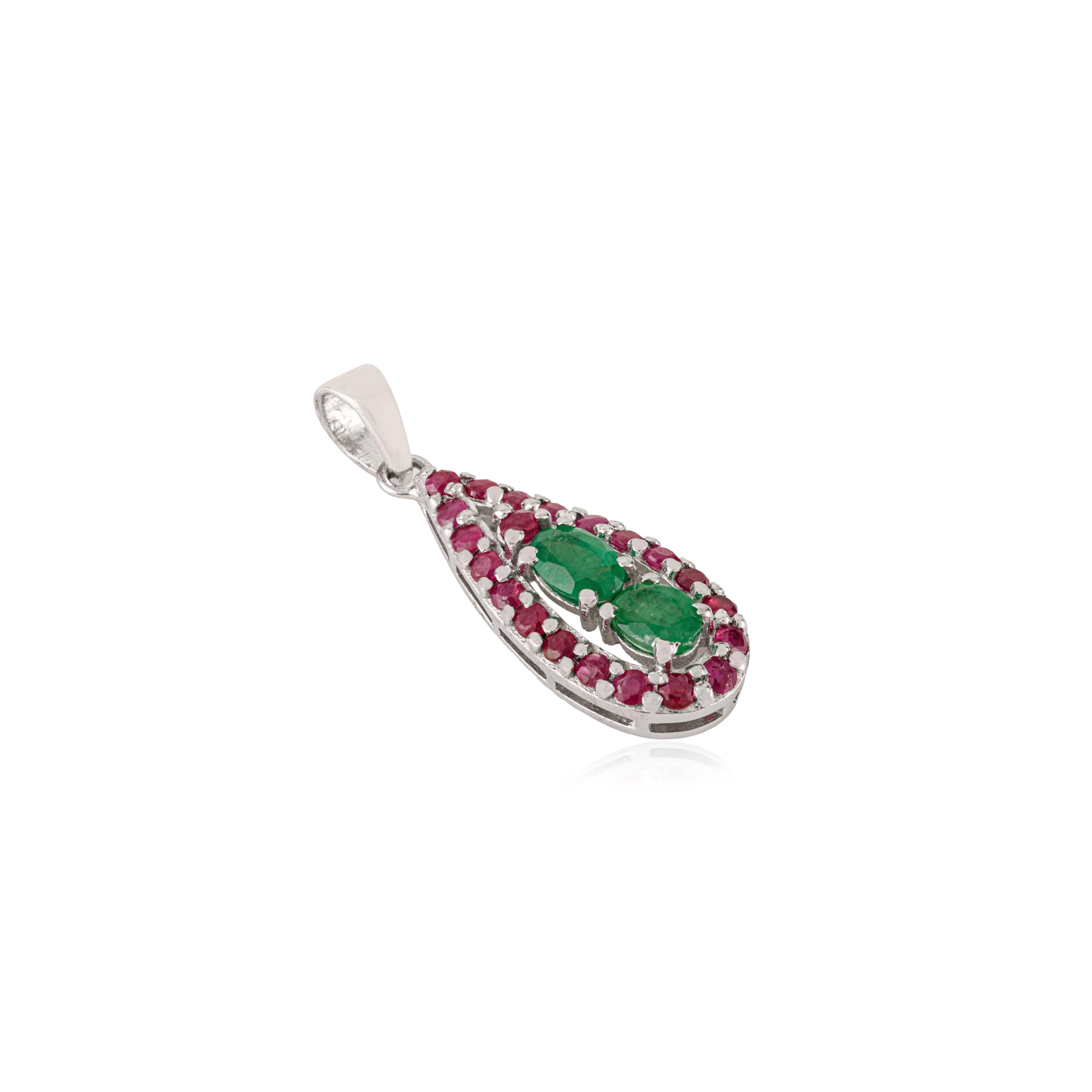 Women's Silvorra Art Deco Teardrop Pendant with Natural Ruby and Emerald in 925 Silver For Sale