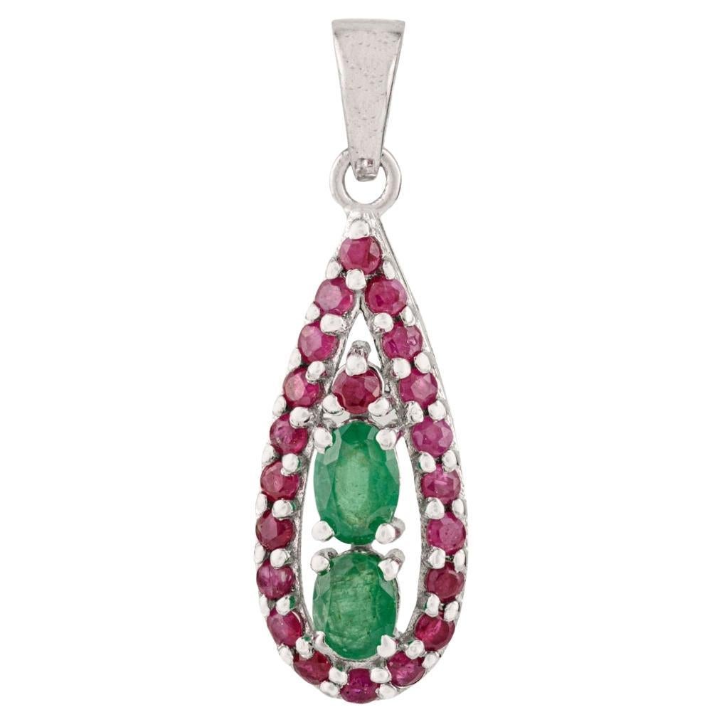 Silvorra Art Deco Teardrop Pendant with Natural Ruby and Emerald in 925 Silver For Sale