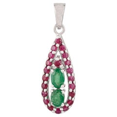 Silvorra Art Deco Teardrop Pendant with Natural Ruby and Emerald in 925 Silver
