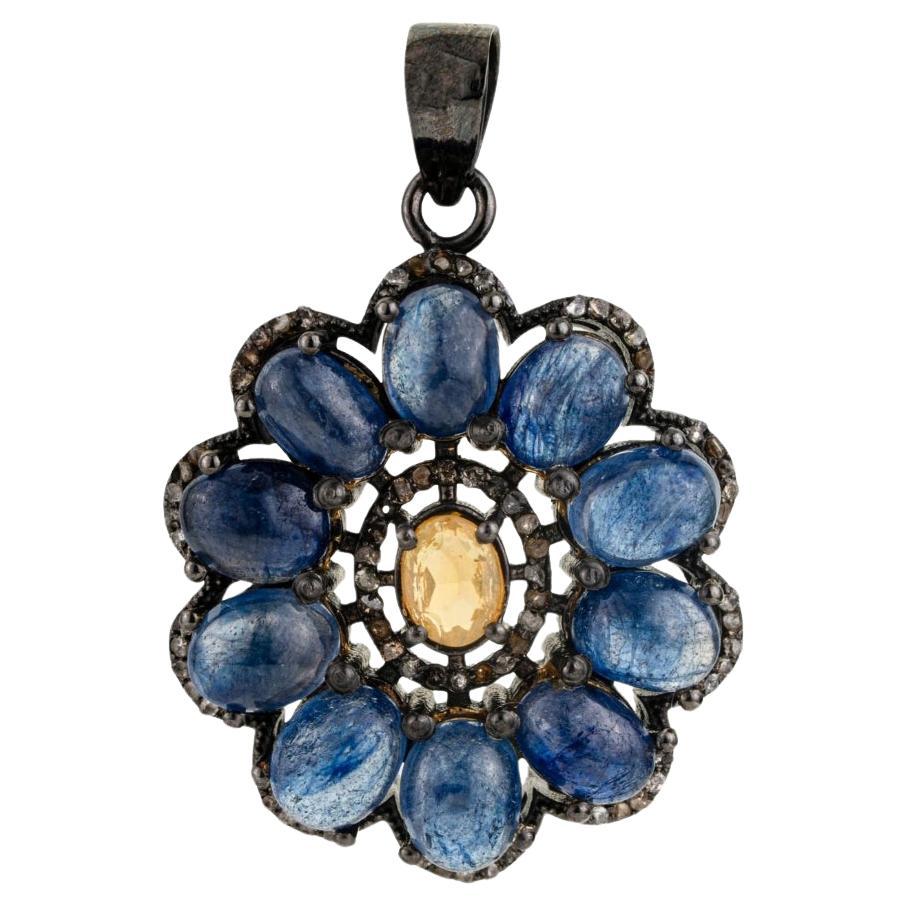 Silvorra Art Nouveau Style Blue Sapphire Opal & Diamond Floral Pendant for Gifts