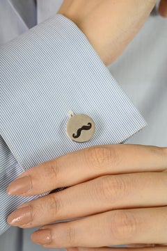 Silvorra Black Enamel Moustache Silver Cufflinks for Men's Classic Round Design