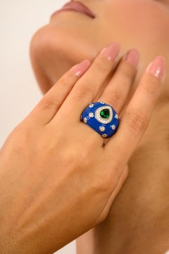 Silvorra Blue Enamel Cocktail Bohemian Silver Ring with Green and White Stones