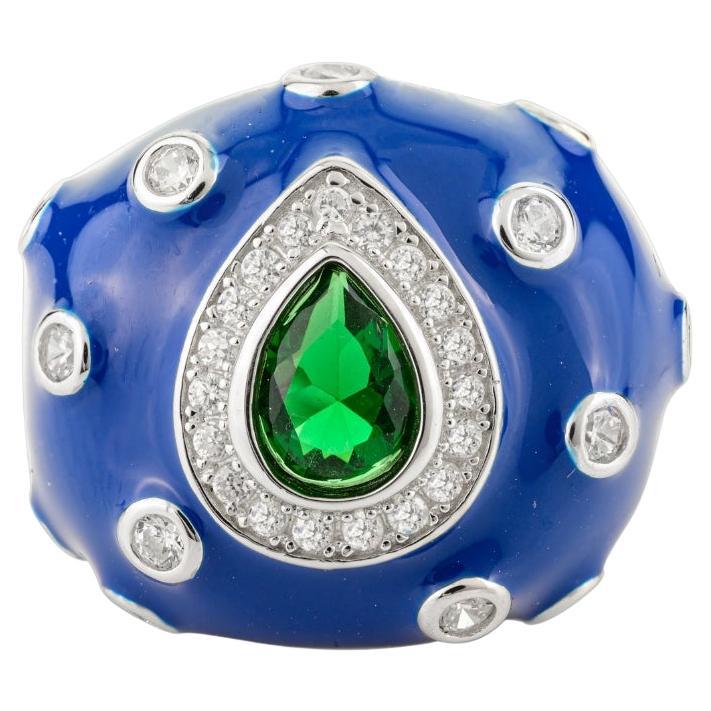 Silvorra Cocktail en émail bleu Bague de bohème en argent avec pierres vertes et blanches
