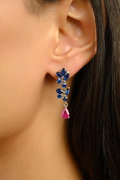 Silvorra Blauer Saphir Cluster & Rubin Teardrop Sterling Silber Ohrringe baumeln