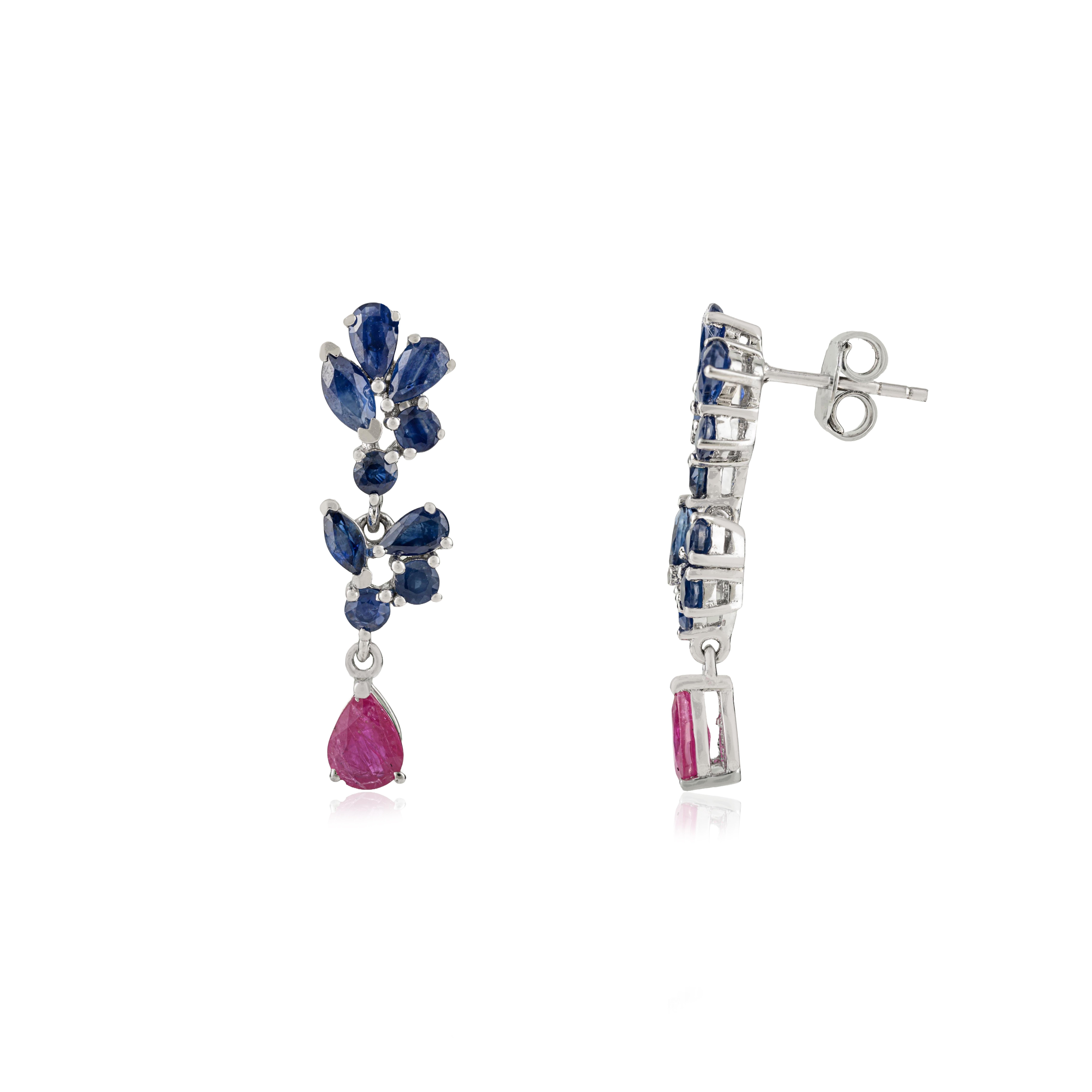 Art Deco Silvorra Blue Sapphire Cluster & Ruby Teardrop Sterling Silver Dangle Earrings For Sale