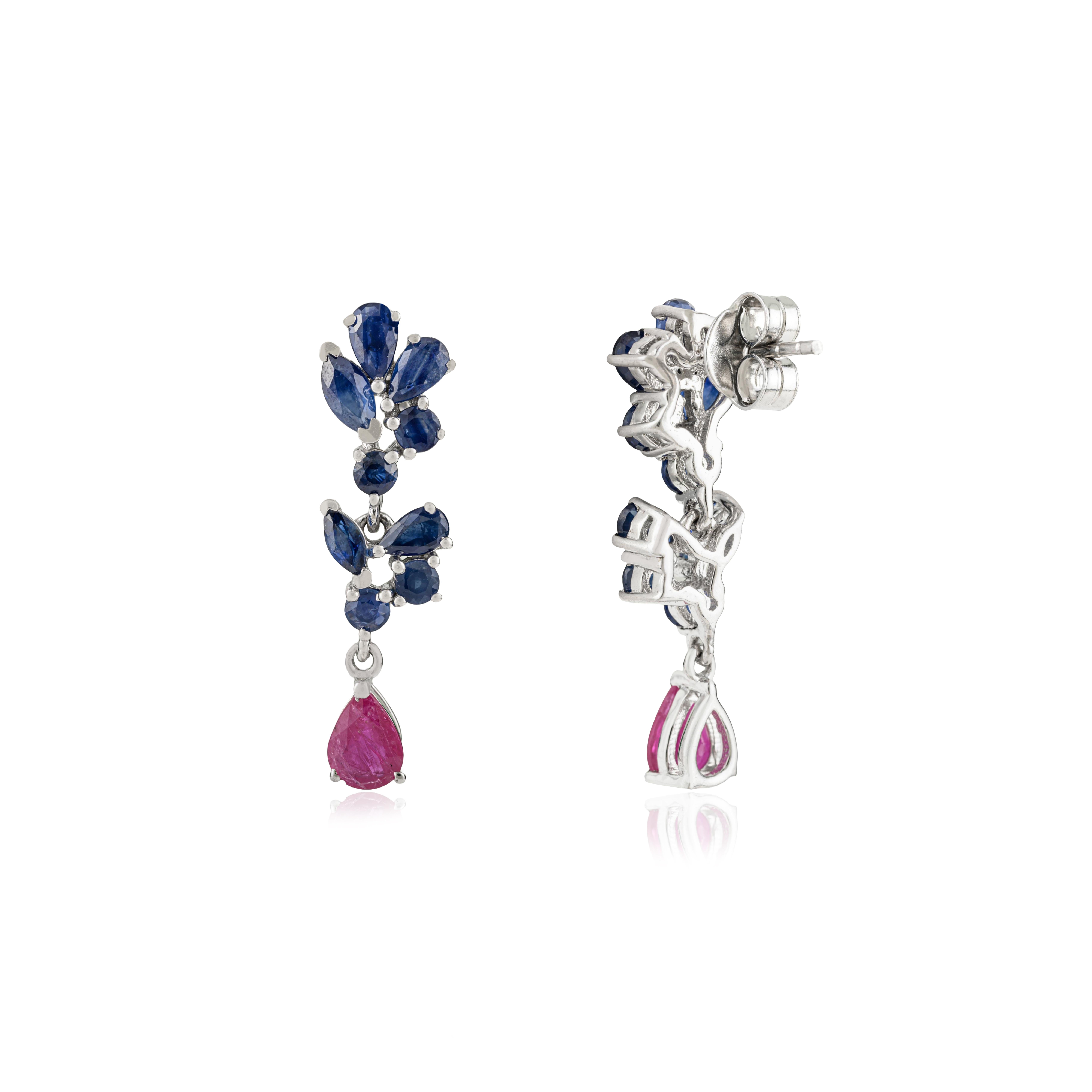 Mixed Cut Silvorra Blue Sapphire Cluster & Ruby Teardrop Sterling Silver Dangle Earrings For Sale