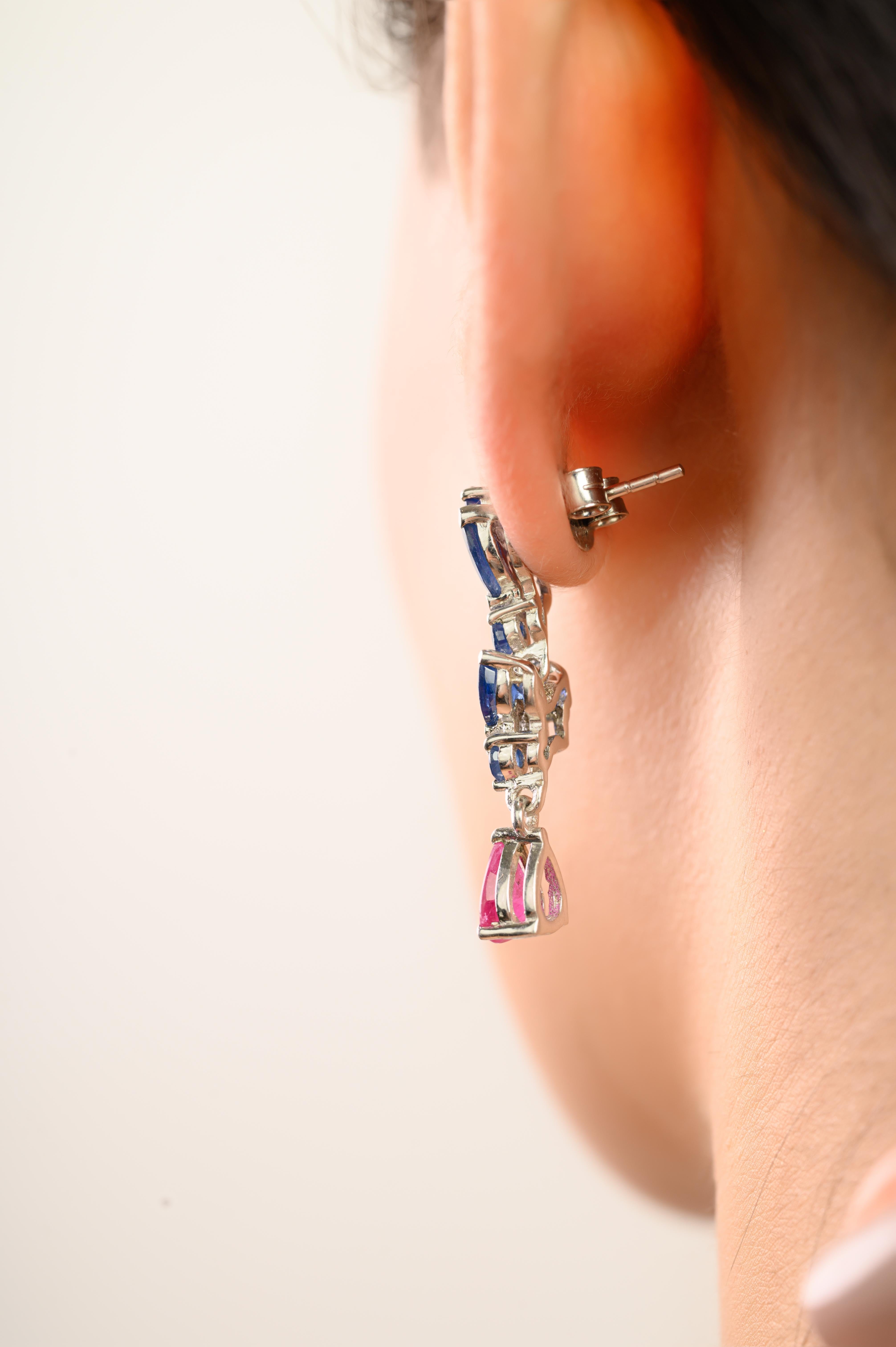 Orecchini a goccia in argento sterling con zaffiro blu e rubino Silvorra in vendita 2