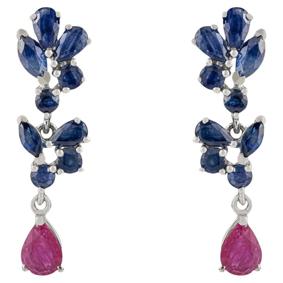 Silvorra Blue Sapphire Cluster & Ruby Teardrop Sterling Silver Dangle Earrings For Sale