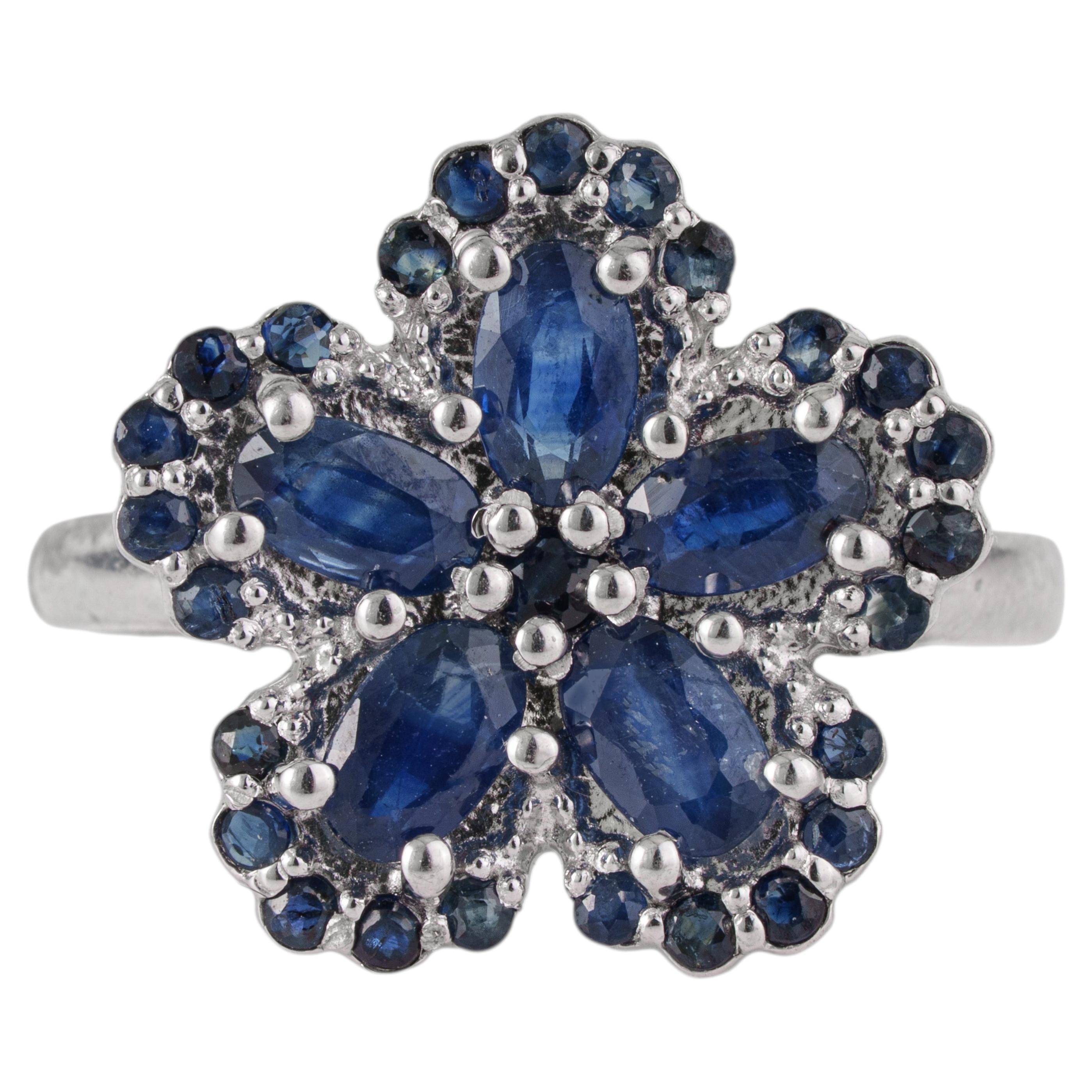 Silvorra Blue Sapphire Flower Cluster Cocktail Ring in Solid Silver Gift for her