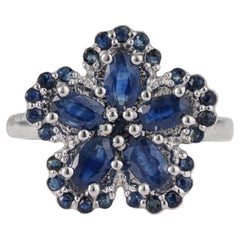 Bague cocktail « Silvorra » avec motif floral en saphir bleu, en argent massif – Cadeau pour elle
