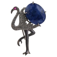 Silvorra Blue Sapphire, Ruby & Diamond Flamingo Brooch Cum Pendant in 925 Silver